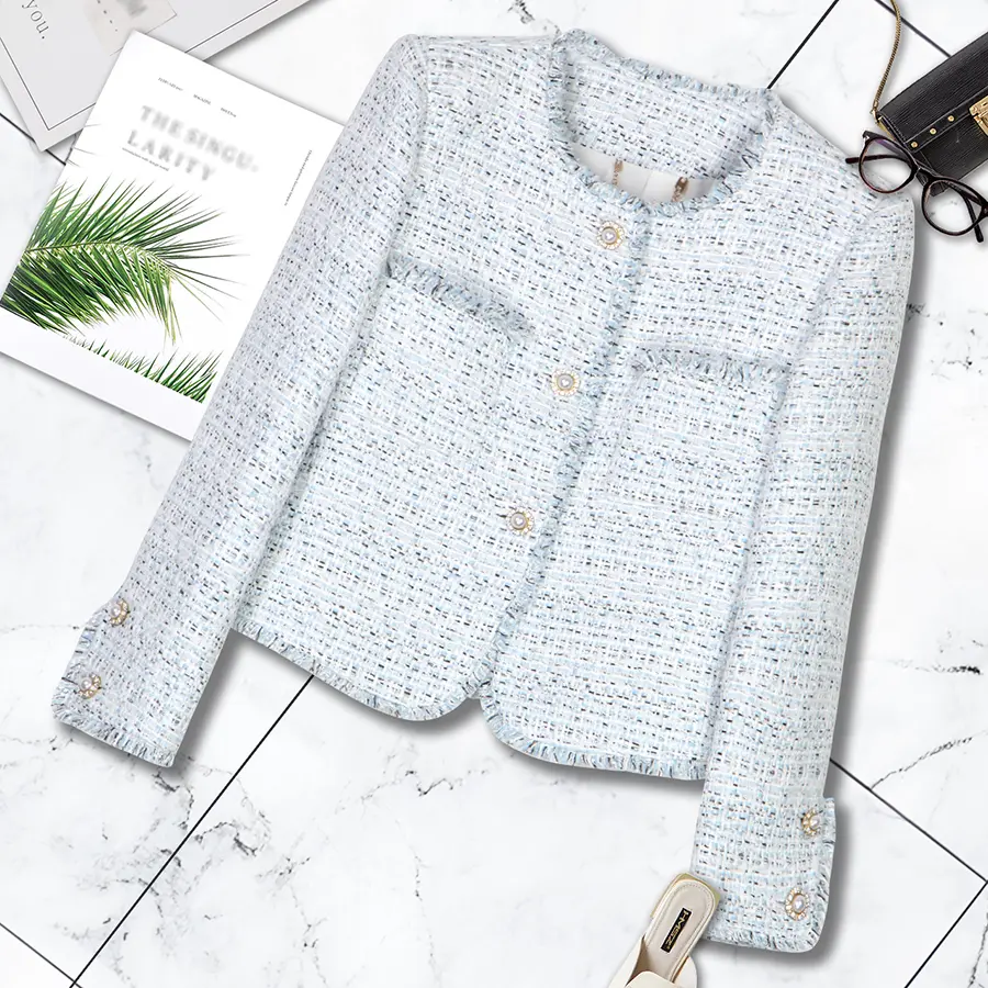 DUSHE Women's Fitted Light Blue Coarse Tweed Striped Polyester Button-Front Long-Sleeve Coat - Casual Fringe-Enhanced Chic Outerwear for Fashion Socialites (Party Wear)