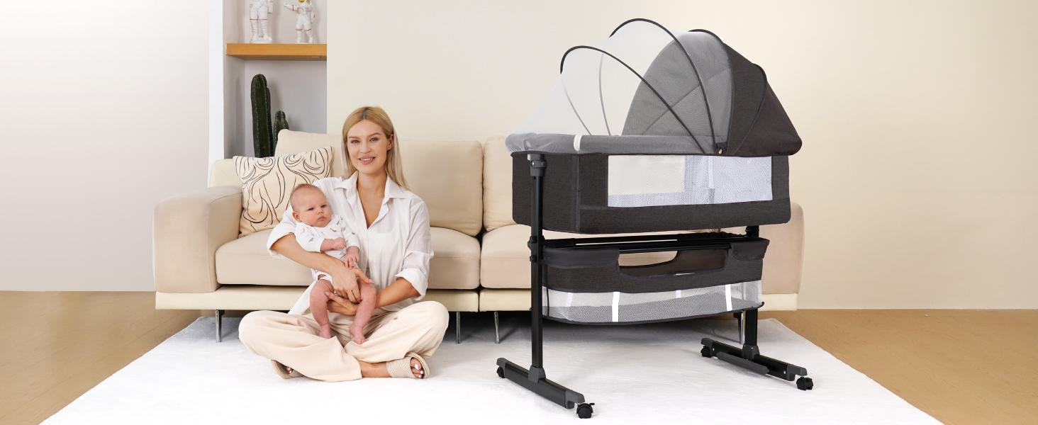 Baby Bassinet, Baby Basinet Bedside Sleeper, Easy to Fold Portable Crib Side Bassinet 2025new Style Girl/boy bassinets Height Adjustable Versatile