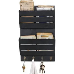 Mail Organizer Wall Mount with 4 Key Hooks, Rustic Wooden Hanging Mail Sorter Farmhouse Key Holder for Wall Decoration, 2-Slot Wall File and Magazines Bill Letter Holder