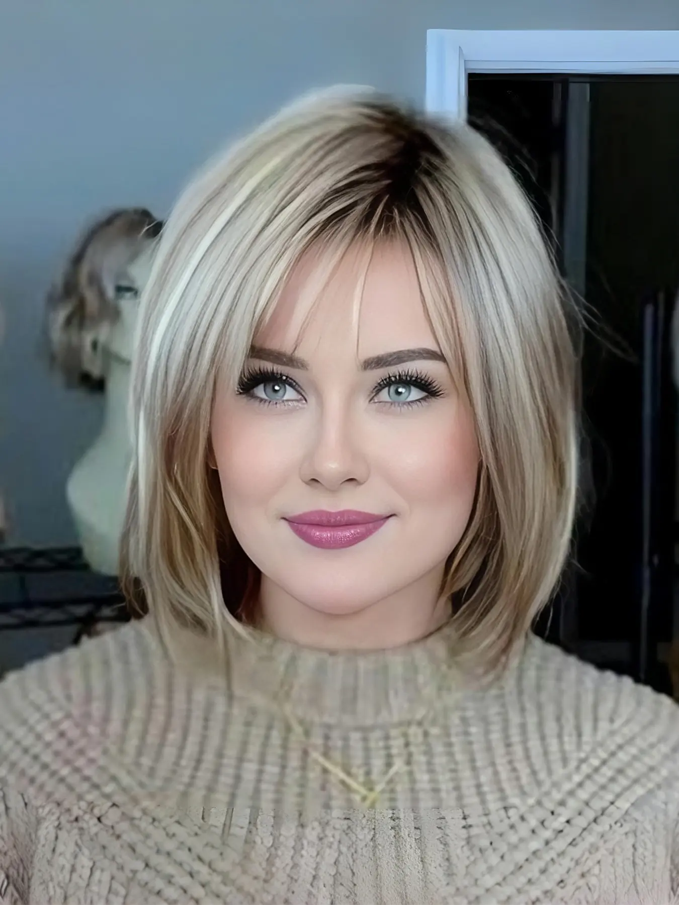 Medium Length Bob Wigs for Women, Layered Blonde Highlight, Straight Pixie Bob Wig with Bangs, Heat Synthetic, Synthetic Material Wigs, 12 Inch, Daily Party Wig, Synthetic Machine Wigs, Synthetic Hair Wigs