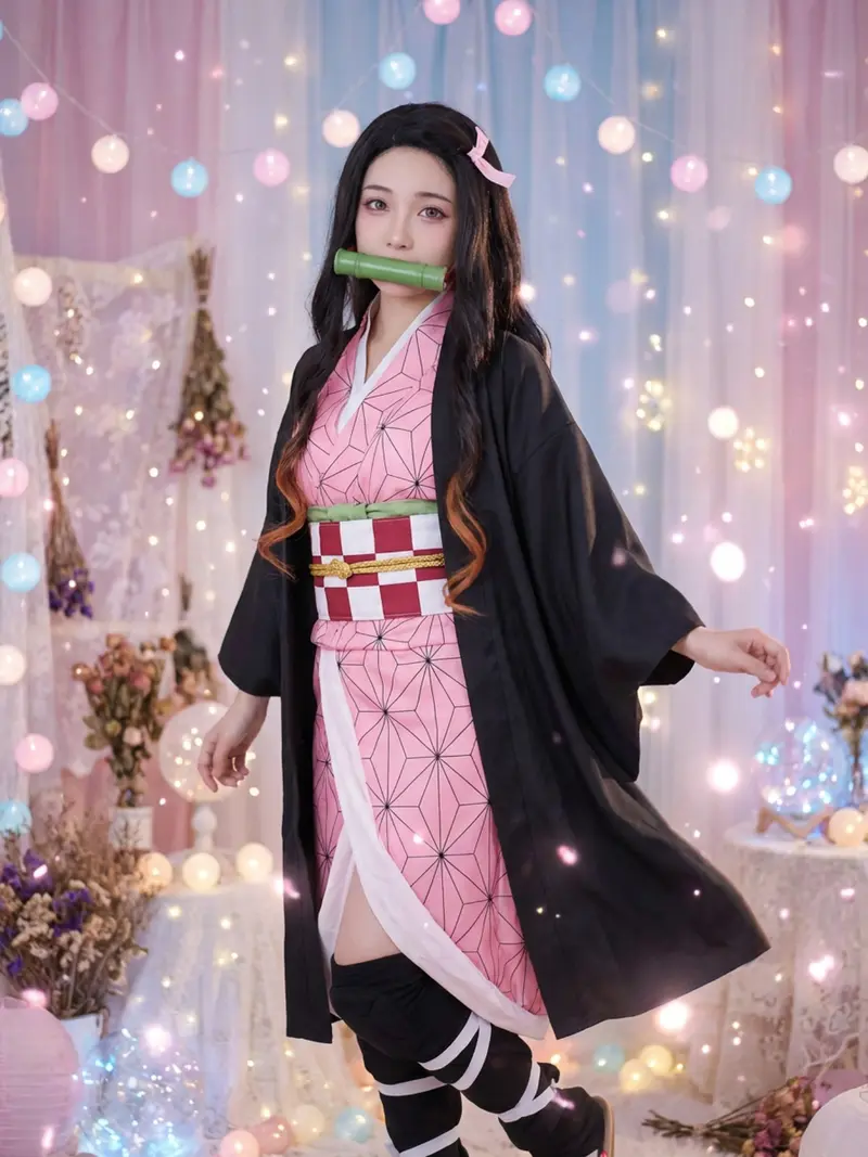 Demon Slayer Nezuko Cosplay Costume Set, Complete Anime with Kimono Bamboo Props, Halloween Cosplay for Women