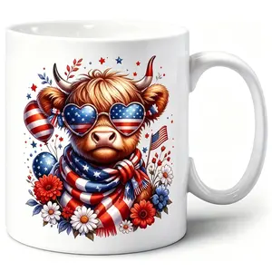 4th of July Cow Mug 250th Anniversary American Flag Highland Cow Ceramic Mug Perfect Patriotic Gift for Independence Day Fans