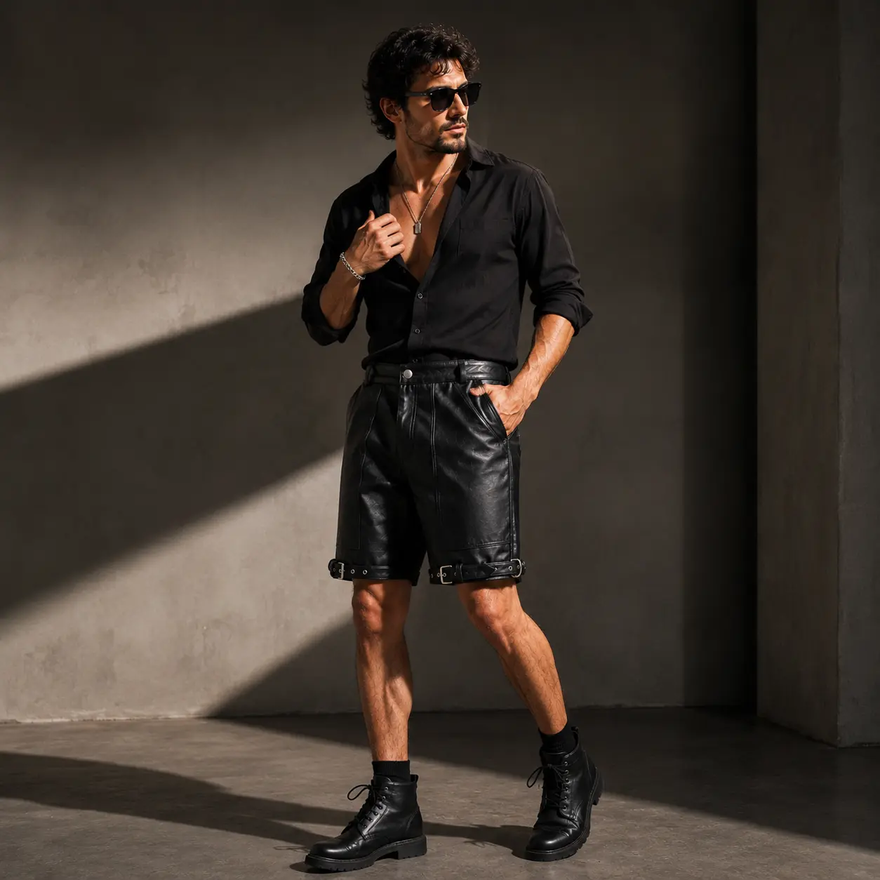 Men's Premium Genuine Leather Biker Sports Shorts - Black