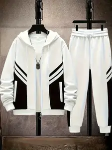 Casual polyester fiber men's hooded sports suit with pocket details, solid color long sleeved knitted fabric, slightly elastic, regular style hooded sweatshirt and pants set