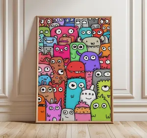 Cute Monster Wall Art Unframed Poster Colorful Cartoon Doodle Illustration Playful Pop Art Home Decor for Kids Room Playroom Creative Studio Gift Idea
