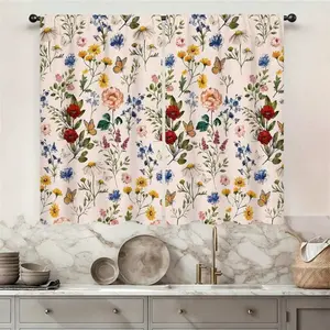 2pc Vintage Flower Dragonfly Kitchen Curtain 28W X 40L Inch 2 Panel Rod Pocket Dark Green Botanical Boho Nature Flower Moody Small Short Cafe Tier Window Drape Bathroom Curtains Decor