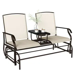 Outdoor Glider Bench with Center Table – Tempered Glass Tabletop Holds Drinks, Snacks & Magazines. Easy to Clean. Perfect for Sharing with a Friend. Beige