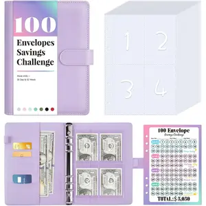 100 Envelopes Money Saving Challenge, Savings Challenges Book with Envelopes & Challenge Tracker, Motivational Process to Save $5050, Money Saving Binder 100 Pocket Pre-Numbered, Purple