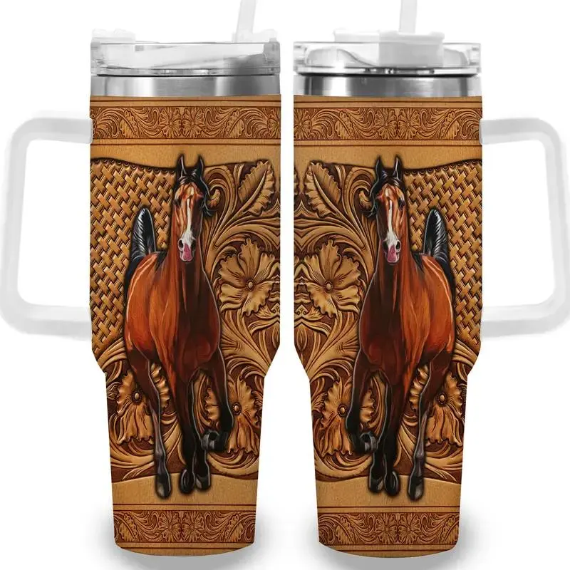 Horse 40oz Tumbler With Handle, Running Horse Stainless Steel Travel Mug, Tooled Leather Horse Lover Tumbler, Rustic Cowboy Ranch Drink Cup, Equestrian Gift for Women Men, Double Sided Insulated Coffee Tumbler, Country Western Decor
