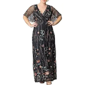 Women's Plus Size Floral Embroidered Elegance Evening Gown | Flattering Long Formal Mesh Dress w/Sleeves