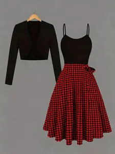 Women's Elegant Knitted Matching Two-Piece Dress Set, Checkered Houndstooth Pattern, Includes Cardigan Jacket and Tie Back Tank Top, All Seasons Wear