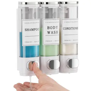LMMAKE Wall-Mounted Transparent Liquid Soap Dispenser - No-Drill Installation, 3x300ml Silver with Labels, Toiletries Dispenser for Bathroom, Hotel