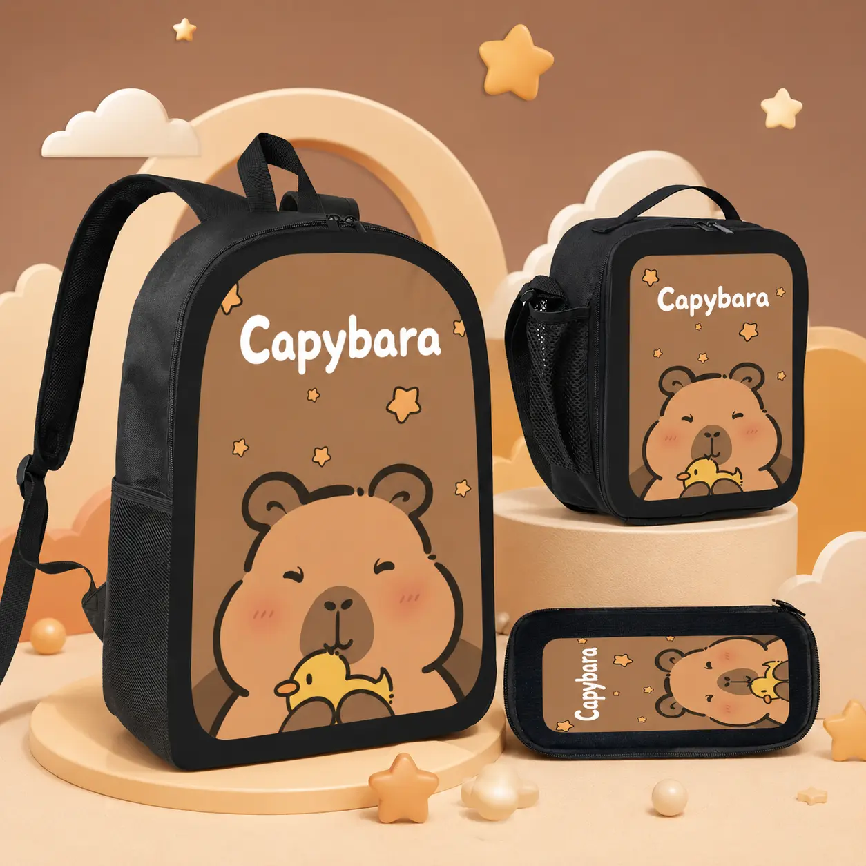 Capybara Kawaii 3-in-1 Backpack Bundle, Lightweight Cartoon Travel Daypack with Lunch Tote & Pencil Pouch, Zip Closure, Adjustable Straps, Cozy Cute Aesthetic