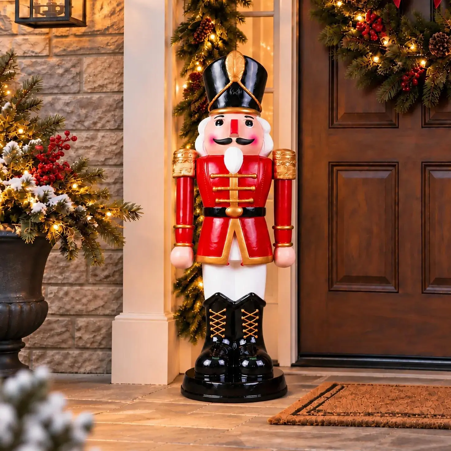 3 Ft Animated Red White Nutcracker Christmas Decoration, Moving Arms Indoor Outdoor