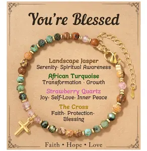 Crystal Beaded Cross Blessing Bracelet for Women Retirement Gifts, Natural Stone Jewelry with Blessing message Card for Retired Coworker Friend Mom Landscape Jasper Joy
