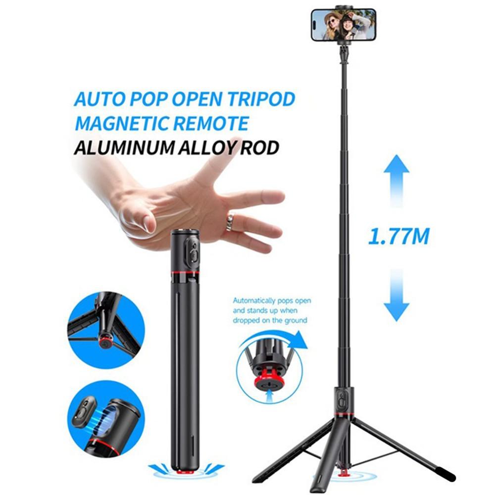 70" Auto-Open Selfie Stick Tripod with Remote Kit, 175mm(H) Telescopic Rod Aluminum Alloy, 360° Rotatable Stable Travel Portable Phone Holder Stand Mount for Vlog/Video Record/Live Stream, Universal fits for iPhone 17 16 15 Pro Max Samsung Galaxy Series