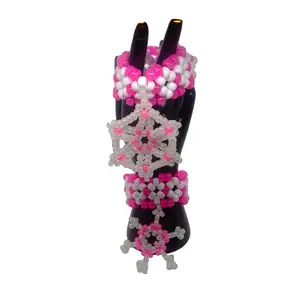 Two Kandi Cuffs Mini Bracelet Pink Glow n Dark W/ Glow Beaded Charms Snowflakes Music Festivals