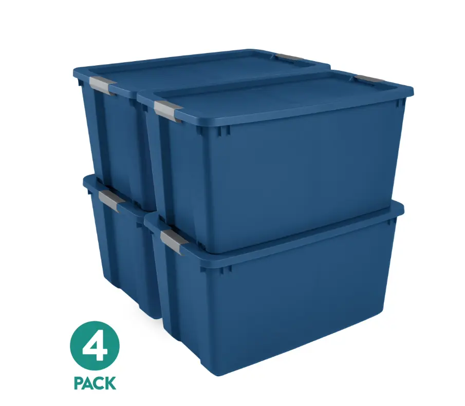Sterilite Extra-Large Wheeled Latching Storage Tote, 45 Gallon Plastic Storage Bin with Latch Lid and Wheels, Blue, 4 Count