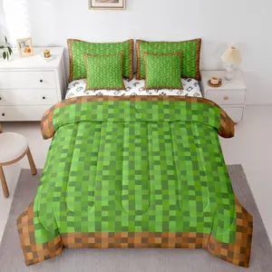 Gaming Checkered Comforter Bed Set with Sheets,7 Piece Pixelated Miners Gamer Bed Bag,Abstract Video Game Plaid Bedding Set,Kids Boys Teen,Green Bed Set