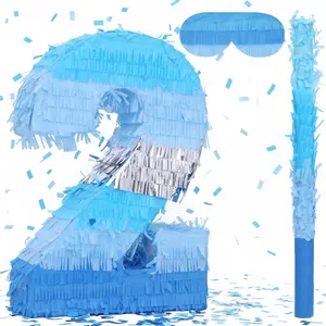 Number 2 Pinata Bundle with a Blindfold and Bat (16.2 x 11.2 x 4 Inches), Perfect for Boys and Girls Birthday Party Supplies, Blue Theme Birthday Decoration