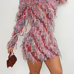DOUCIUGrasslandMusicFestivalSeaweedDanceColoredTasselTrendCoolSexyPerspectiveWomen'sWildPrimitiveMonsterShortHip-wrappedLong-sleevedDress