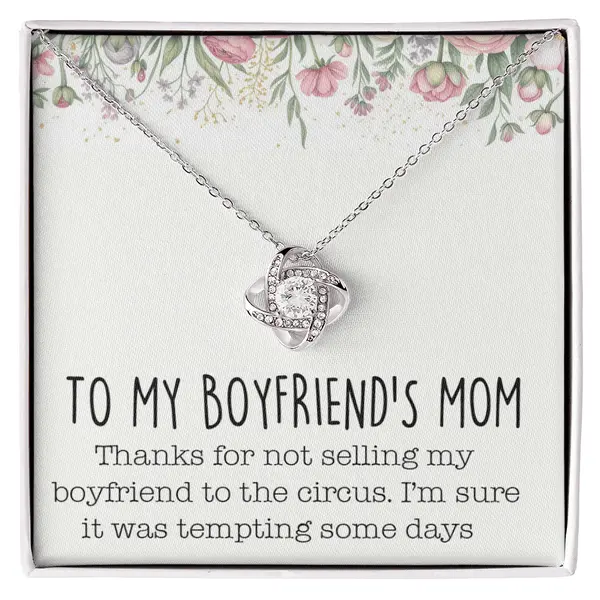 Love Knot Necklace for Boyfriend's Mom, Gold Plated Pendant with Cubic Zirconia, Anniversary Jewelry Gift for a Female with Message Card & LED Spotlight Box