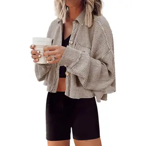Women's Cropped Waffle Knit Shacket Short Button Down Jacket Batwing Sleeve Shirts with Pocket