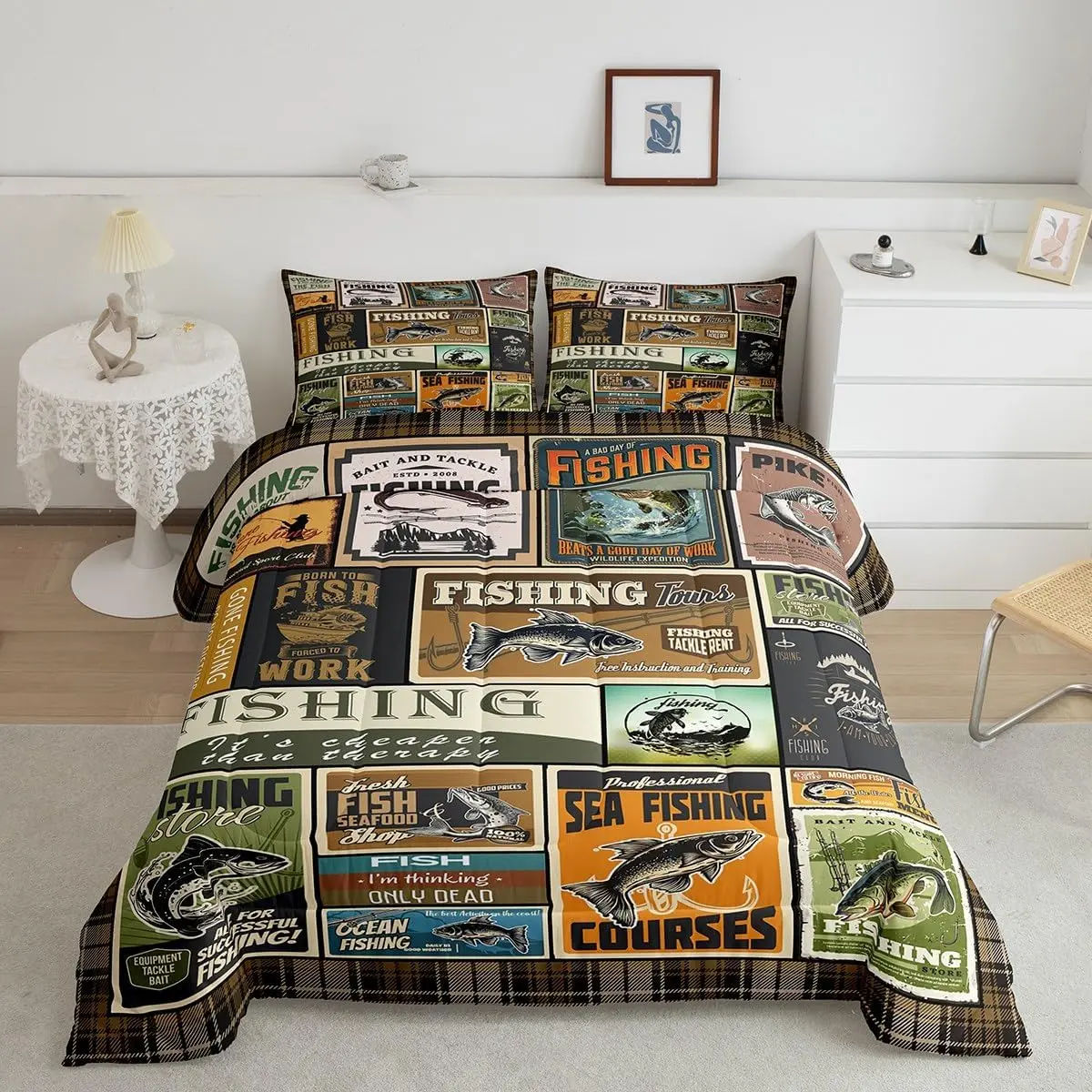 Feelyou King Size Vintage Fish Stamp Pattern Printed Theme Bedding Set - Durable, Breathable, Warm Brown Green Luxury Quilt, Multi-Size Option, Machine Washable for Bedroom Decor, Printed Bedding Set