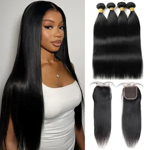 Ishow 4 Bundles With Lace Closure 10A Peruvian Human Hair Bundles Straight Hair Bundles 30Inch Long Human Hair Straight Virgin Hair Weave 1/3/4Bundles Human Hair