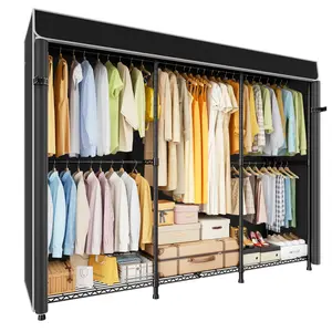 E14C Pro Heavy Duty Closet Organizer System，Freestanding Clothing Racks for Hanging Clothes，Adjustable Garment Rack 70.1"W × 16.6"D × 76.4"H Hold 960 lbs，Black Rack with Black Dustproof Cover