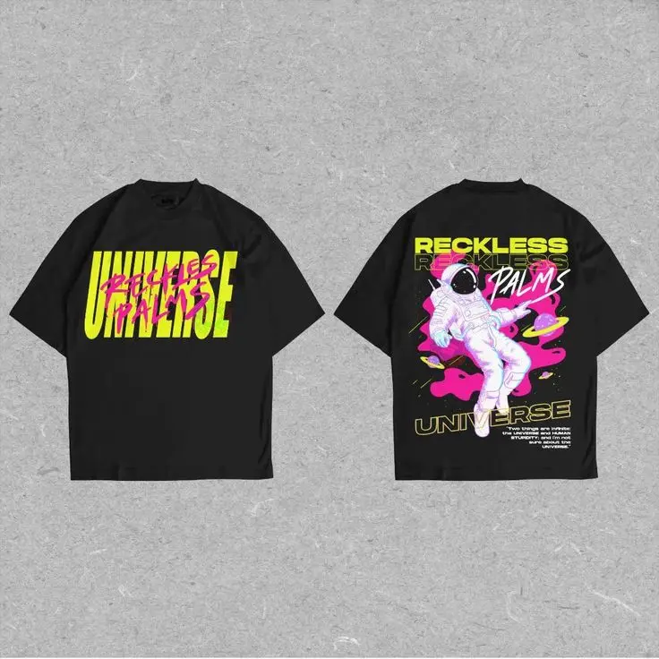 RECKLESS PALMS×UNIVERSE Slogan Neon Space Astronaut Unisex Vintage Graphic T-Shirt Oversized Cyber Streetwear Double Sided Cosmic Art Print With Galaxy Elements Alternative Y2K Streetwear Cool Aesthetic Looks Summer Essential Buy Funny T-shirts Online