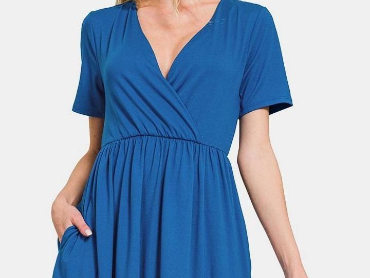 Surplice Short Sleeve Brushed DTY Dress - Basic Style, Pocketed Design, 90% Polyester & 10% Spandex, Comfortable Fit.