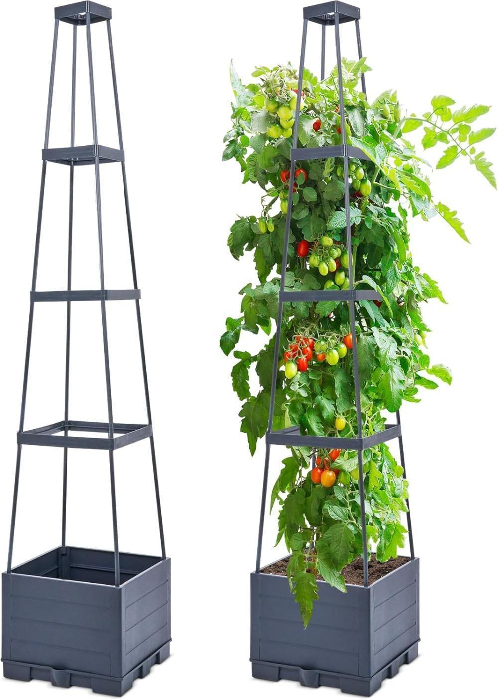 4 Tiered Tomato Planter with Trellis – 45” Raised Garden Bed Planter Box, Tomato Cage & Planter for Small Climbing Vegetables, Ideal for Patio, Indoor & Outdoor Gardening