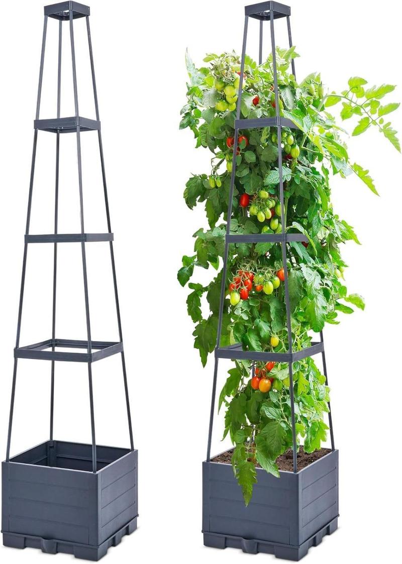4 Tiered Tomato Planter with Trellis – 45” Raised Garden Bed Planter Box, Tomato Cage & Planter for Small Climbing Vegetables, Ideal for Patio, Indoor & Outdoor Gardening