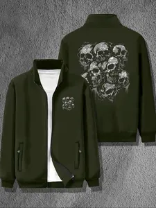 Men's Autumn Winter Casual Stand Collar Jacket, Skull Print Design, Zipper Pocket Closure, Fashionable & Versatile for Various Occasions
