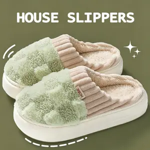 Women's Fuzzy Checkered House Slippers - Warm Plush Lined Platform Indoor Slippers