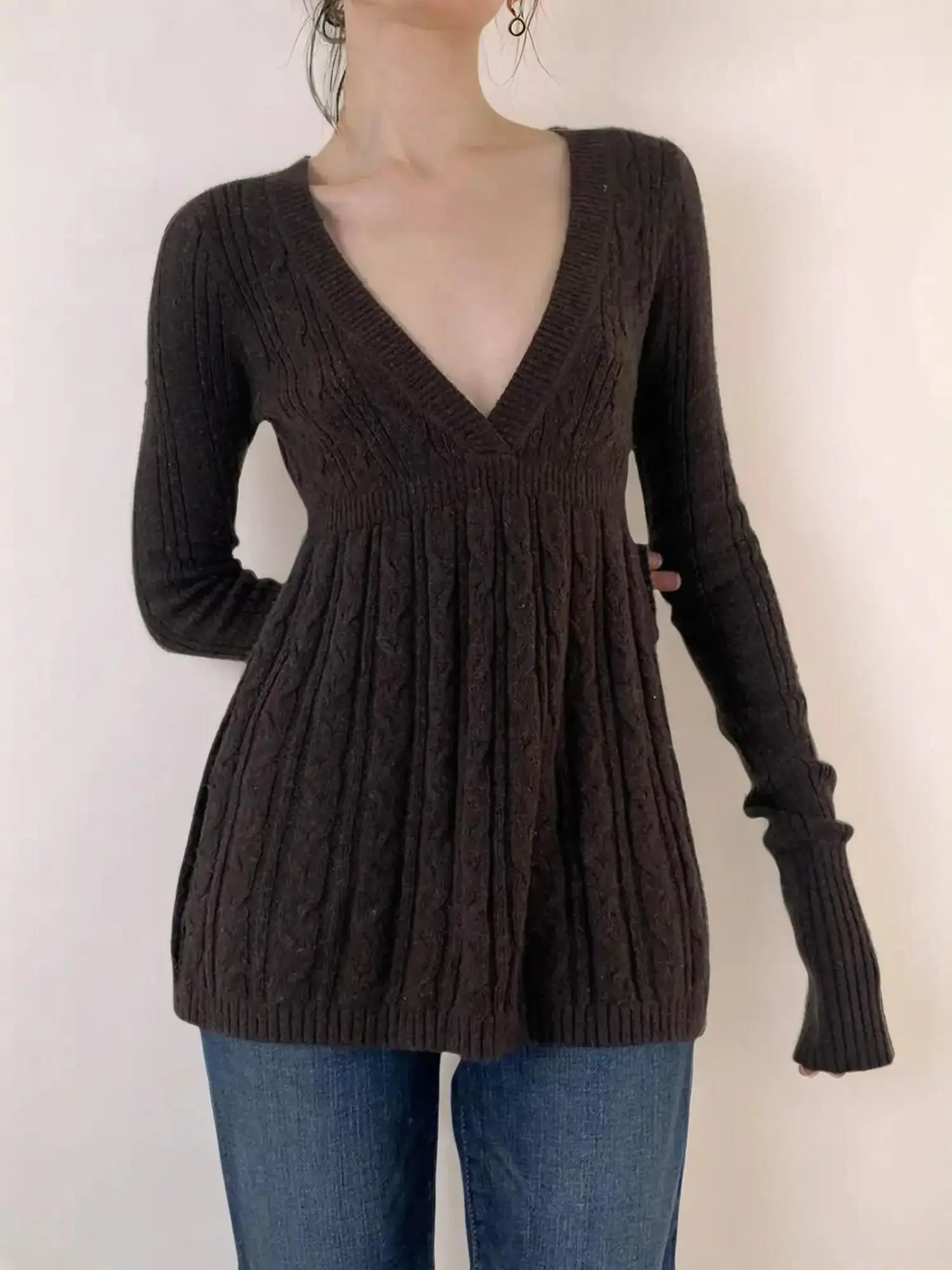 2025 Trendy, Women's Plain Deep Vneck Cable Knit Sweater, Casual Fitted Long Sleeve Jumper for Daily Wear, Ladies Knitwear for All Seasons, Sweaters f