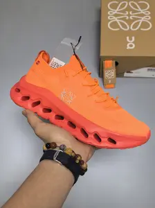 Full Bright Orange Cloud Foam Platform Sneakers Breathable Stretch Knit Upper Hollow Out Non Slip Sole Comfort Workout Casual Footwear for Men Women