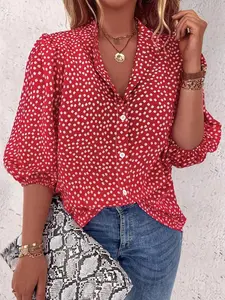 Women's Floral Print Shirt Blouse, Casual Bishop Sleeve Collared Top for Spring & Fall, Women's Clothes for Daily Wear