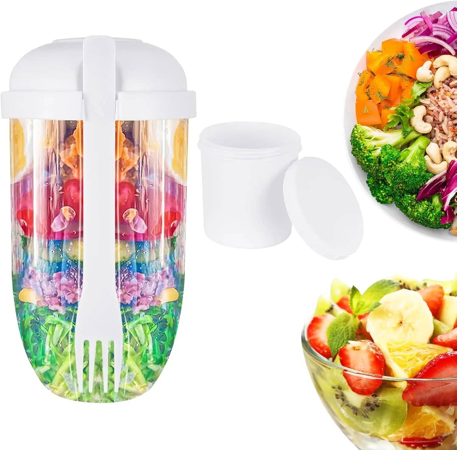 1000ml PP Salad Cup for Travel Exercise Fresh Salad Shaker Portable Fruit and Vegetable Reusable Washable Fork Kitchen Utensils Containers Containers