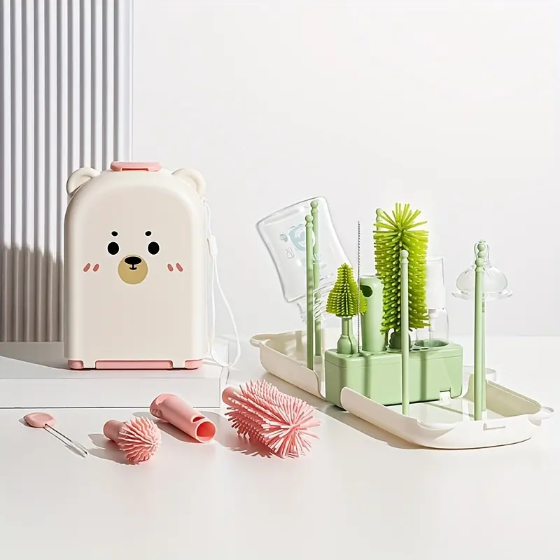 Cute Bear Design Baby Bottle Cleaning Brush Set, Portable Silicone Bottle Brush with Storage Box, Baby Bottle Cleaning Tool for Outdoor Travel, Bottlewasher, Bottle Cleaning Kit, Bottle Cleaner Brush
