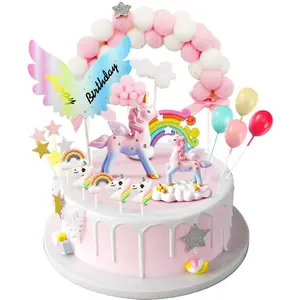 Unicorn cake topper magic unicorns sculpture pink hairball arch rainbow wings birthday banner cloud balloon stars little unicorn rainbows cake decoration for girl kid women party