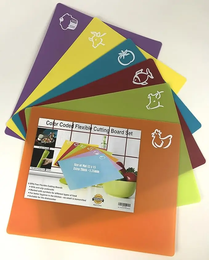 Set of 6 Color Coded Flexible Cutting Boards BPA Free Non Slip Plastic 12x15