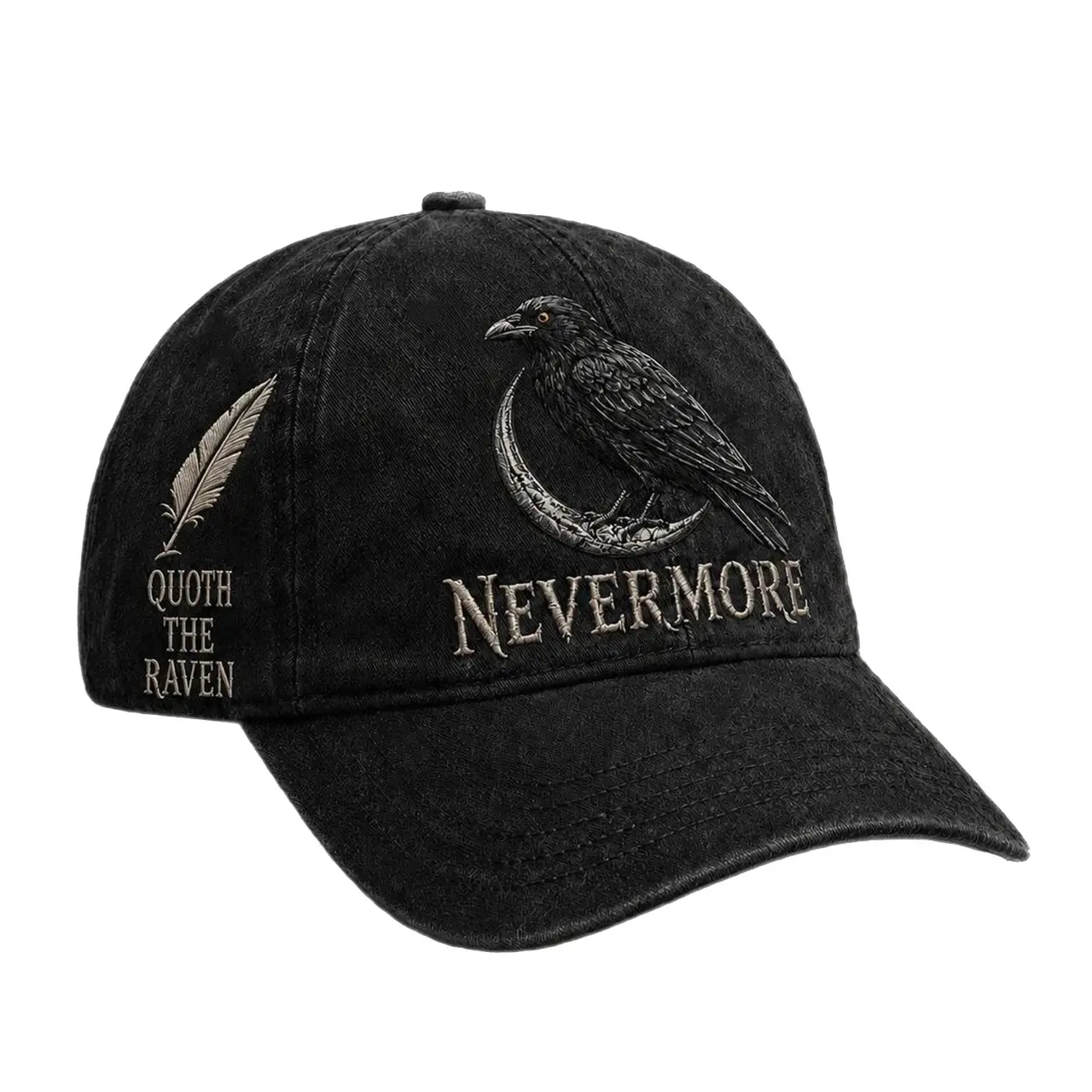 Nevermore Raven Vintage Cap Gothic Bird Lover Hat, Gothic Raven Baseball Cap with Crescent Moon, Unisex Adjustable Hat