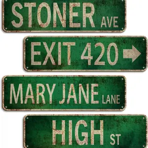 Stoner Avenue Street Sign Set 4 Signs of Exit 420 High St Mary Jane Lane for Room Decor Duplex Printed Anti-Fade Trippy Retro PVC Decor