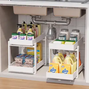 Bamboo Wood Under Sink Organizer 2 Pack, Pull Out Cabinet Organizer 2 Tier Under Sink Organizers and Storage with Sliding Drawer Sturdy Easy Assembly for Kitchen Bathroom (White)