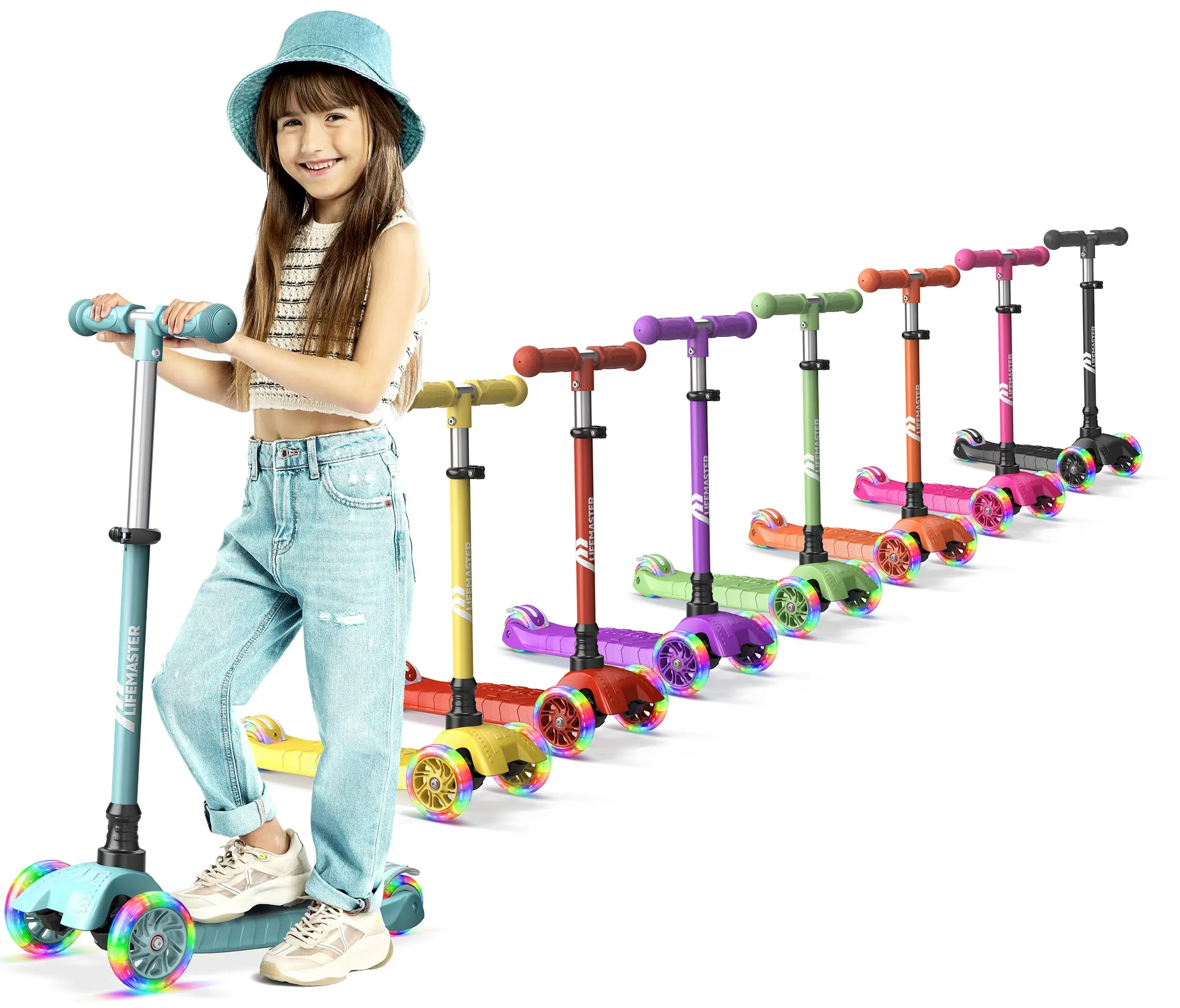 Lifemaster Mini 3-Wheel Kids Scooter with Multi-Color Wheel Lights – 4-Height Adjustable Handlebar, Wide Anti-Slip Deck, Child Safety Certified, Boys & Girls Ages 2+ Supports Up to 110 lbs, Teal