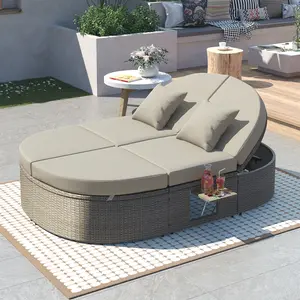 SAVEYOUR Top Rated 2-Person Outdoor Daybed, TOPMAX Rattan Patio Sun Bed with Cushions & Pillows, Adjustable Backrest Chaise Lounge, Foldable Cup Trays, All-Weather PE Wicker for Lawn Poolside Garden, Beige/Gray