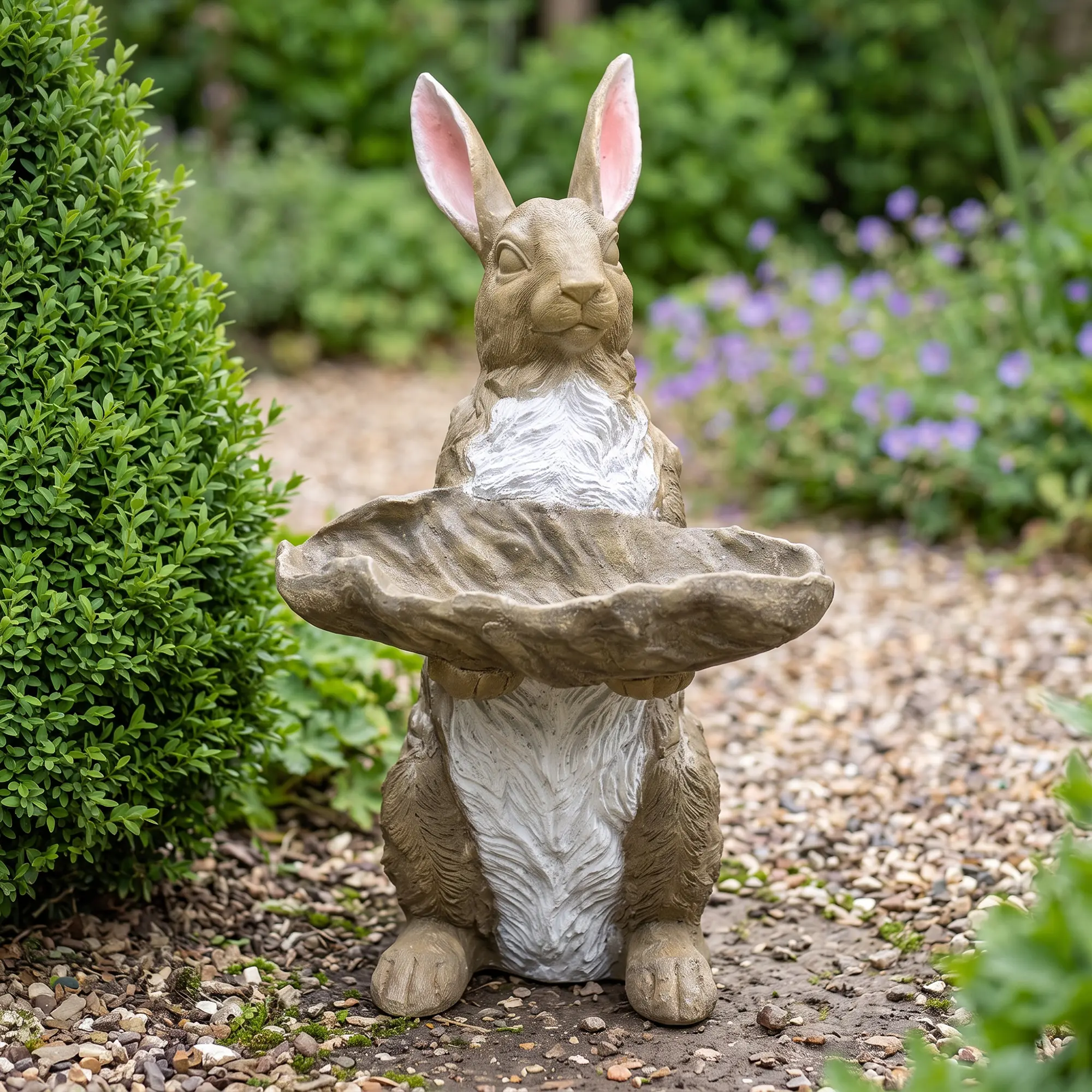 22.4 in Bunny Garden Statue with Leaf Tray, Hand-Painted Magnesium Oxide Rabbit Sculpture for Patio, Porch, Lawn & Outdoor Decor