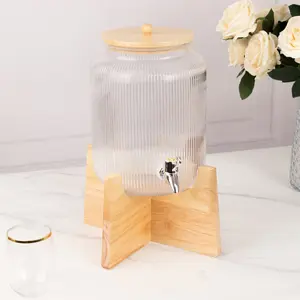 1 Gallon Clear Ribbed Glass Beverage Dispenser with Spigot 14", Wooden Stand and Lid Round Juice Jar - Lead-Free Countertop Feature